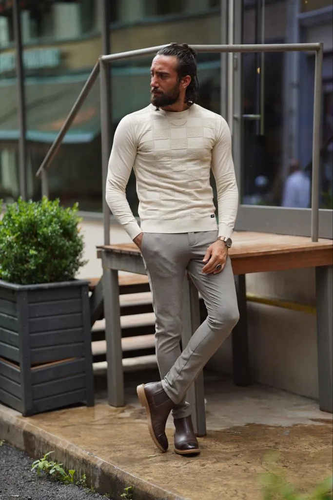 Amber Beige Slim Fit Patterned Crewneck Sweater