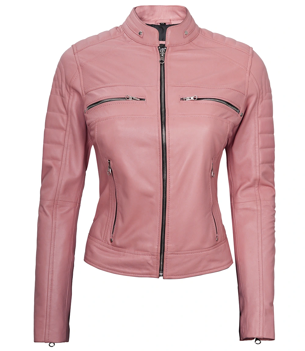 Austin Women's Pink Cafe Racer Real Leather Jacket