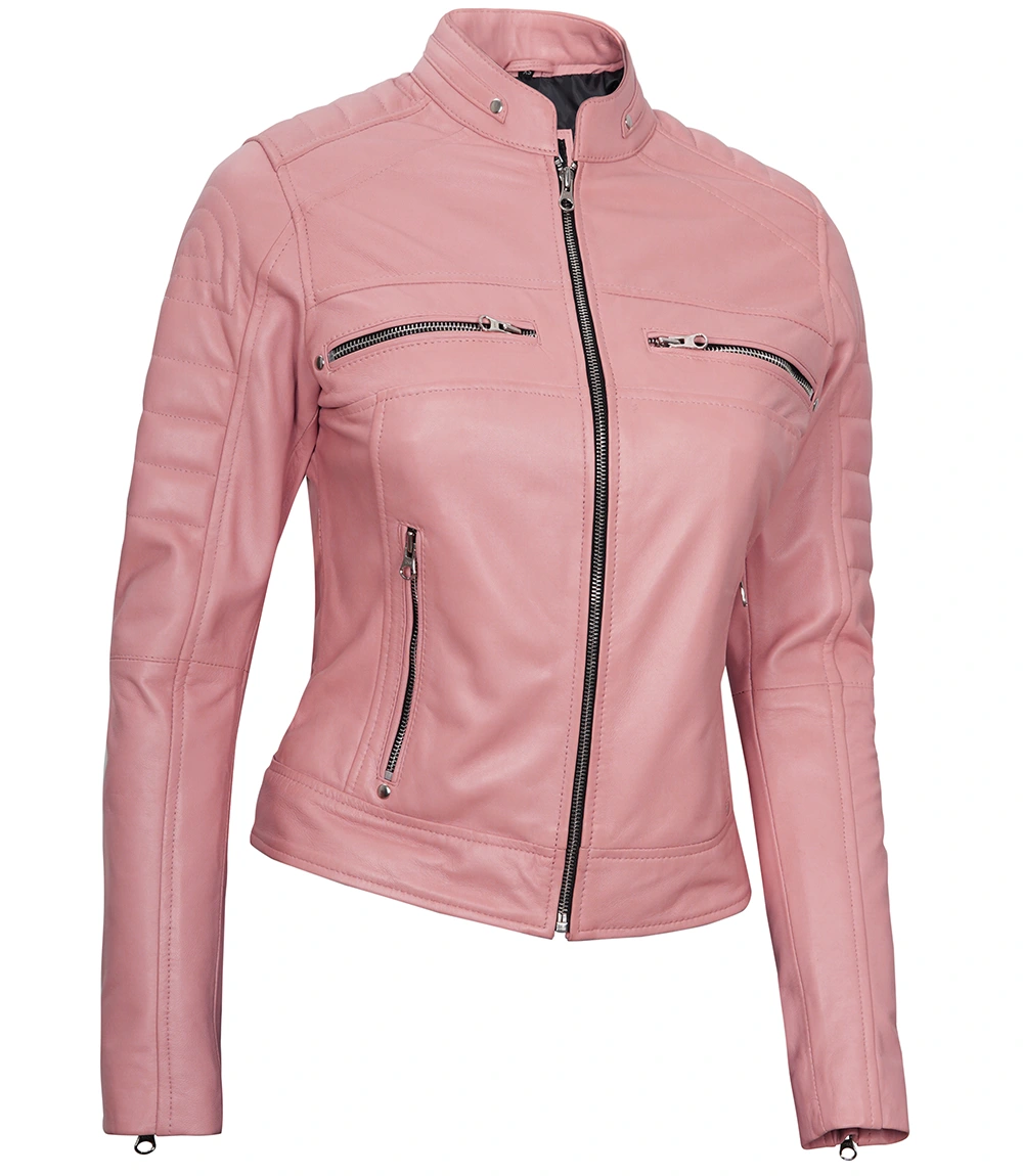 Austin Women's Pink Cafe Racer Real Leather Jacket