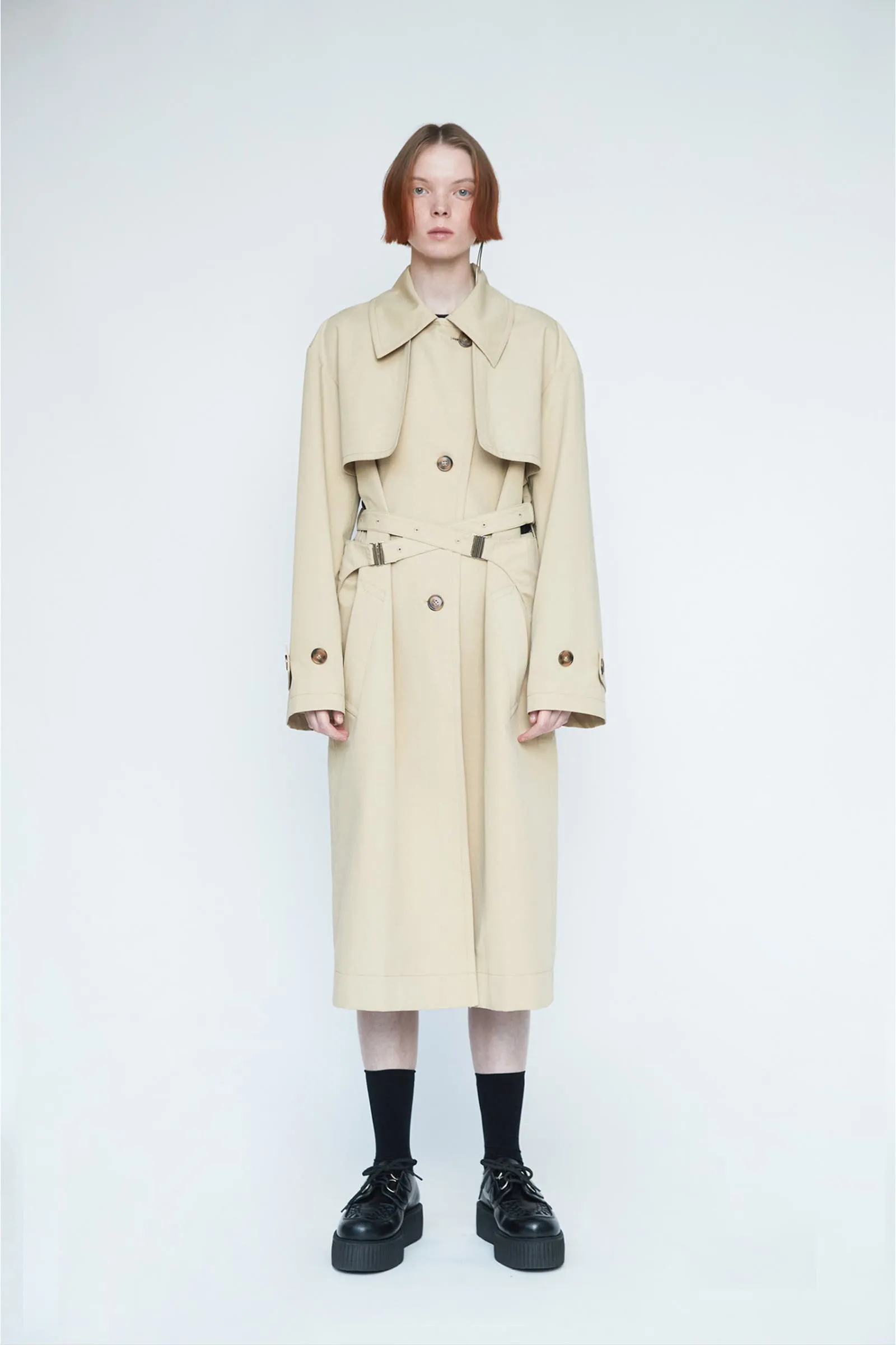 Beige Cross Belt Cut-out Trench Coat