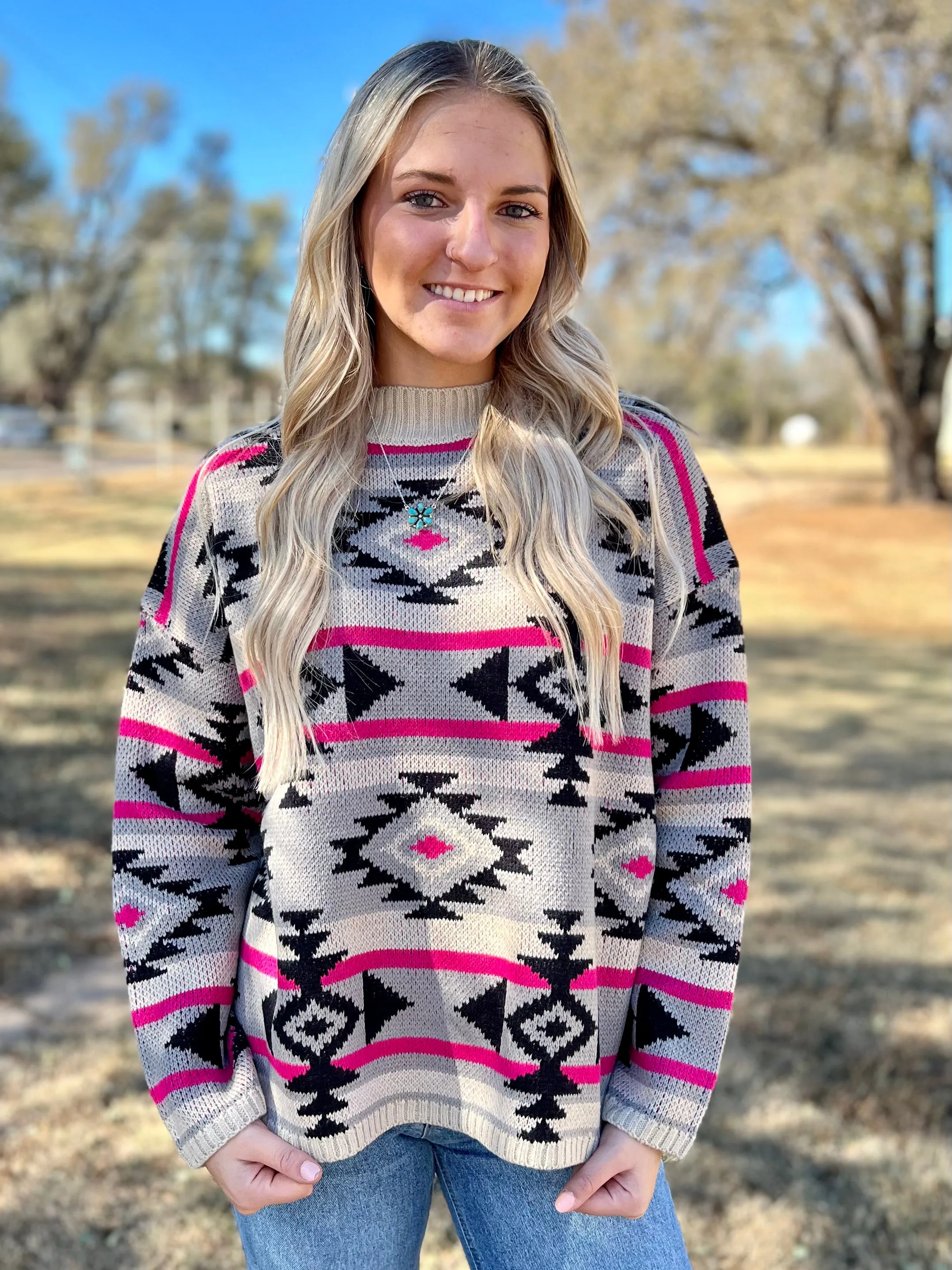 Black And Pink Aztec Knitted Sweater