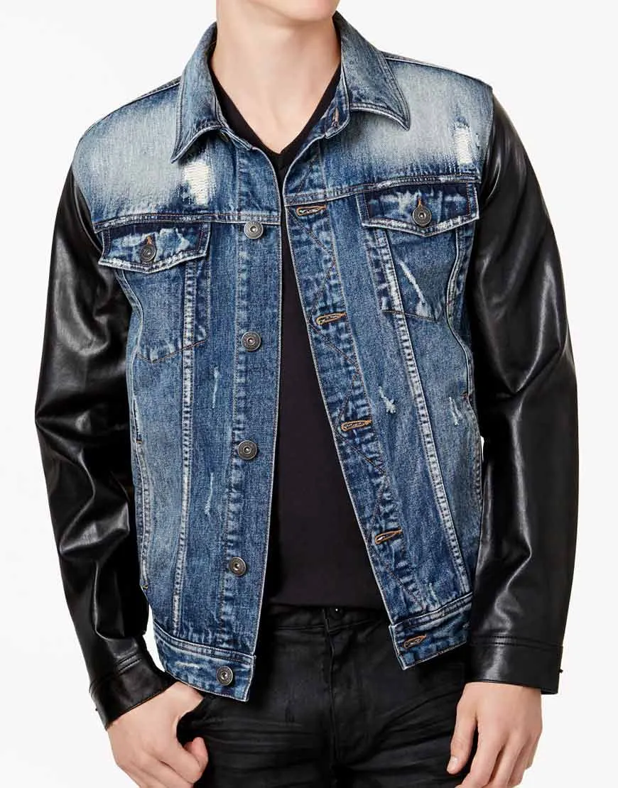 Blue Denim Jacket Mens | Faux Leather Black Sleeves