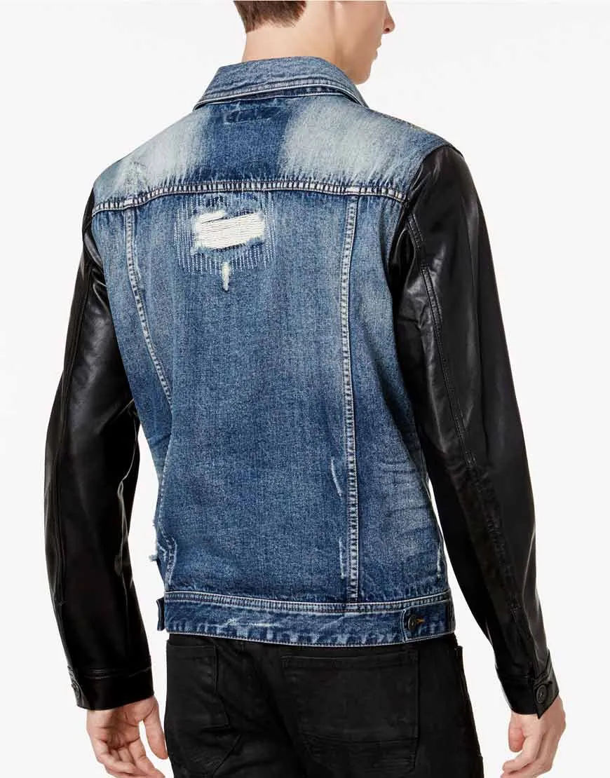 Blue Denim Jacket Mens | Faux Leather Black Sleeves