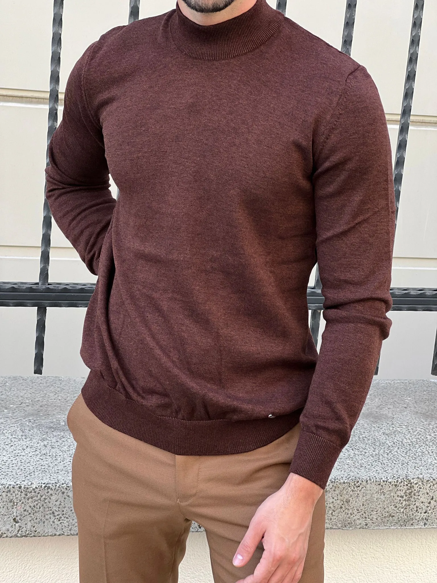 Bojoni Astoria Slim Fit Brown Turtleneck Sweater