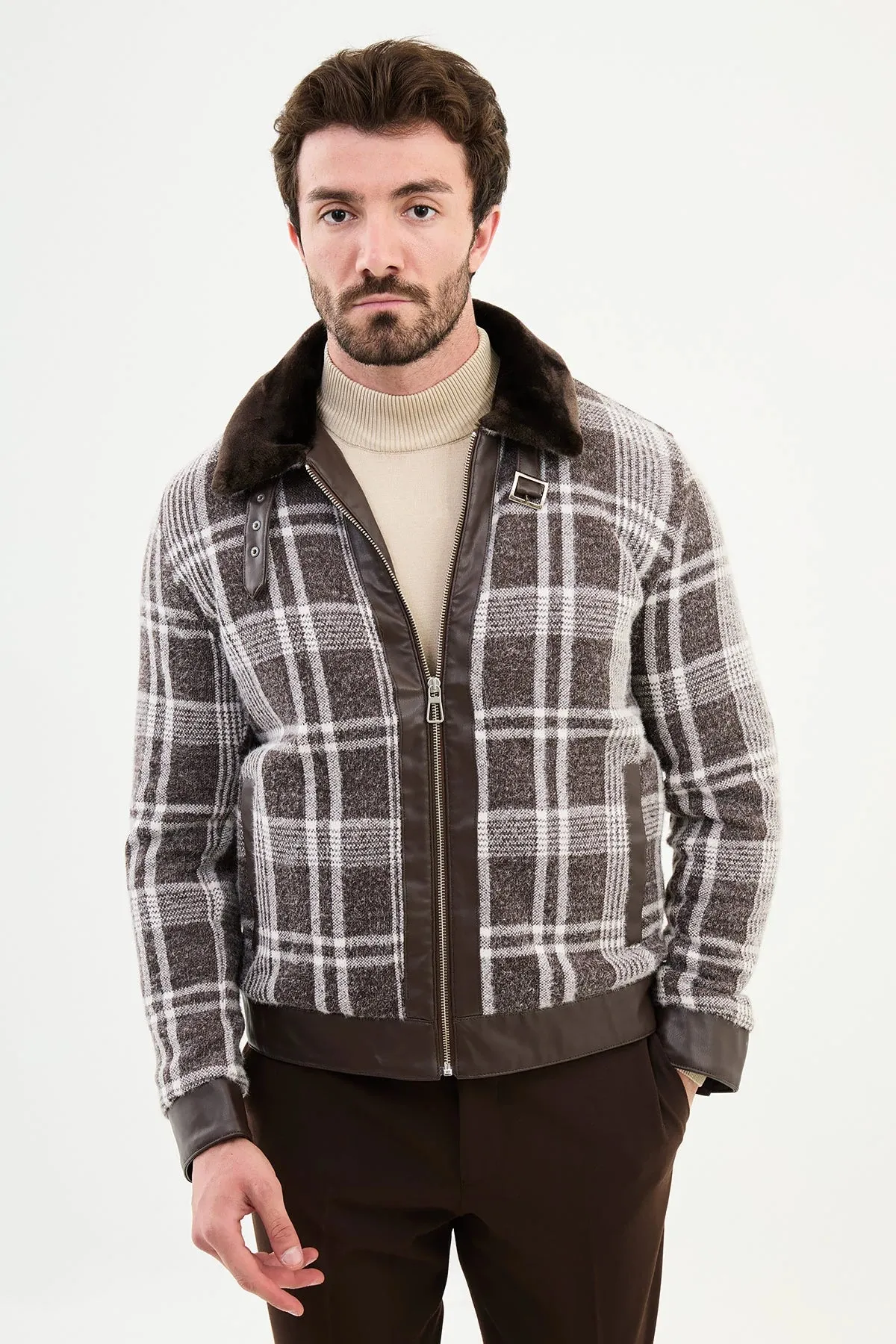 Bojoni Capena Brown Ecru Fur Plaid Slim Fit Coat