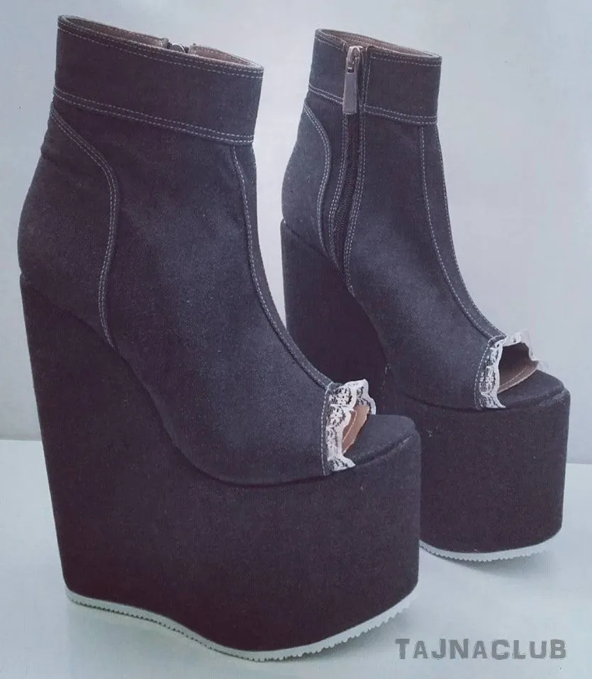 Booties Peeptoe Denim Wedge Heel Platform High Heels Shoes