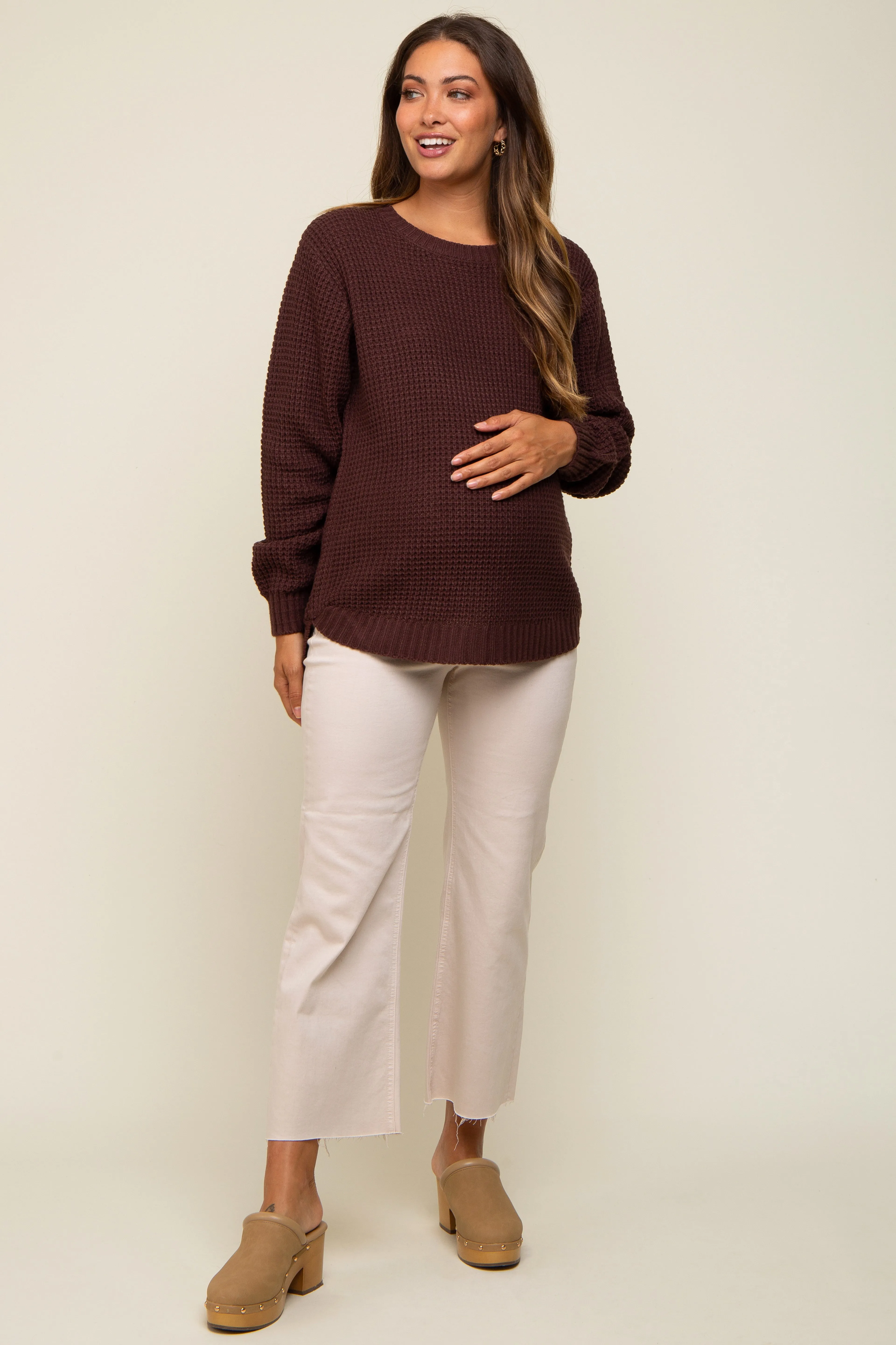 Brown Waffle Knit Round Hem Maternity Sweater