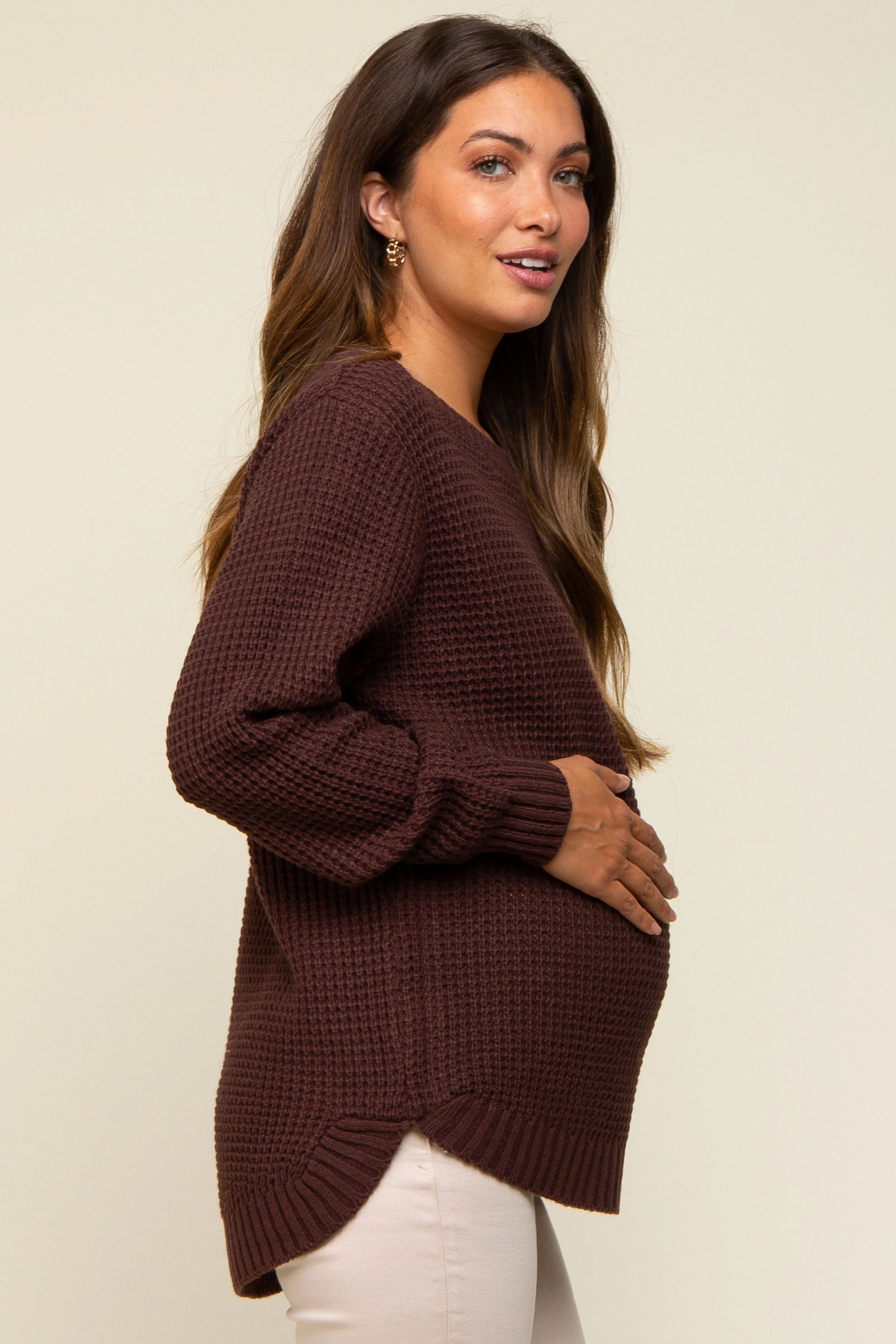 Brown Waffle Knit Round Hem Maternity Sweater