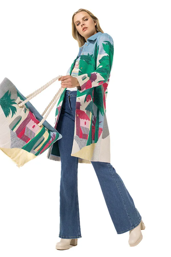 Caroline Biss PALM TREE PRINTED STRAIGHT MID-LENGTH COAT