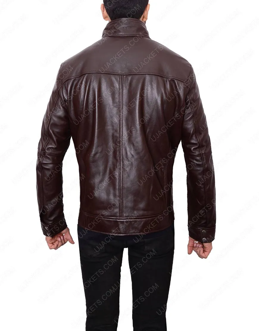 Casual Dark Brown Leather Jacket For Mens on Ujackets