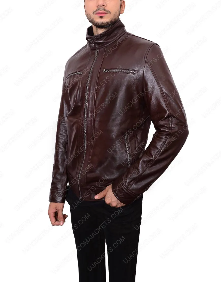 Casual Dark Brown Leather Jacket For Mens on Ujackets