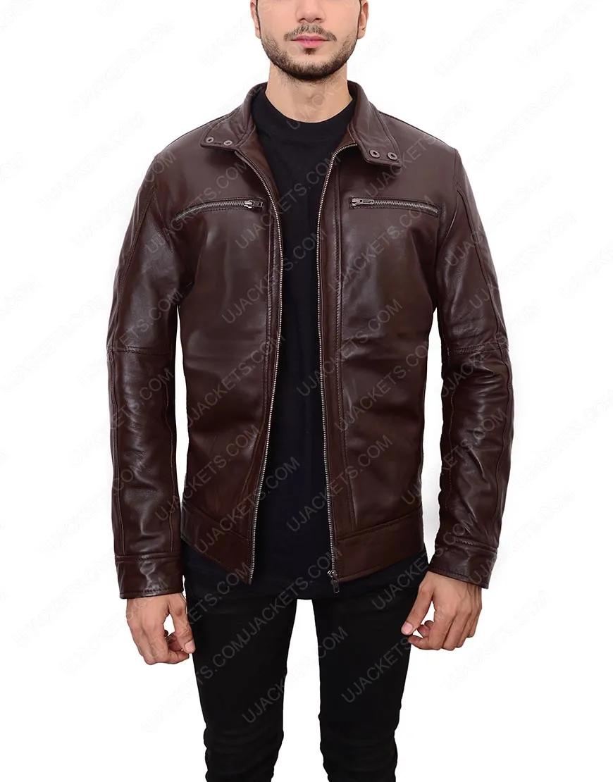 Casual Dark Brown Leather Jacket For Mens on Ujackets