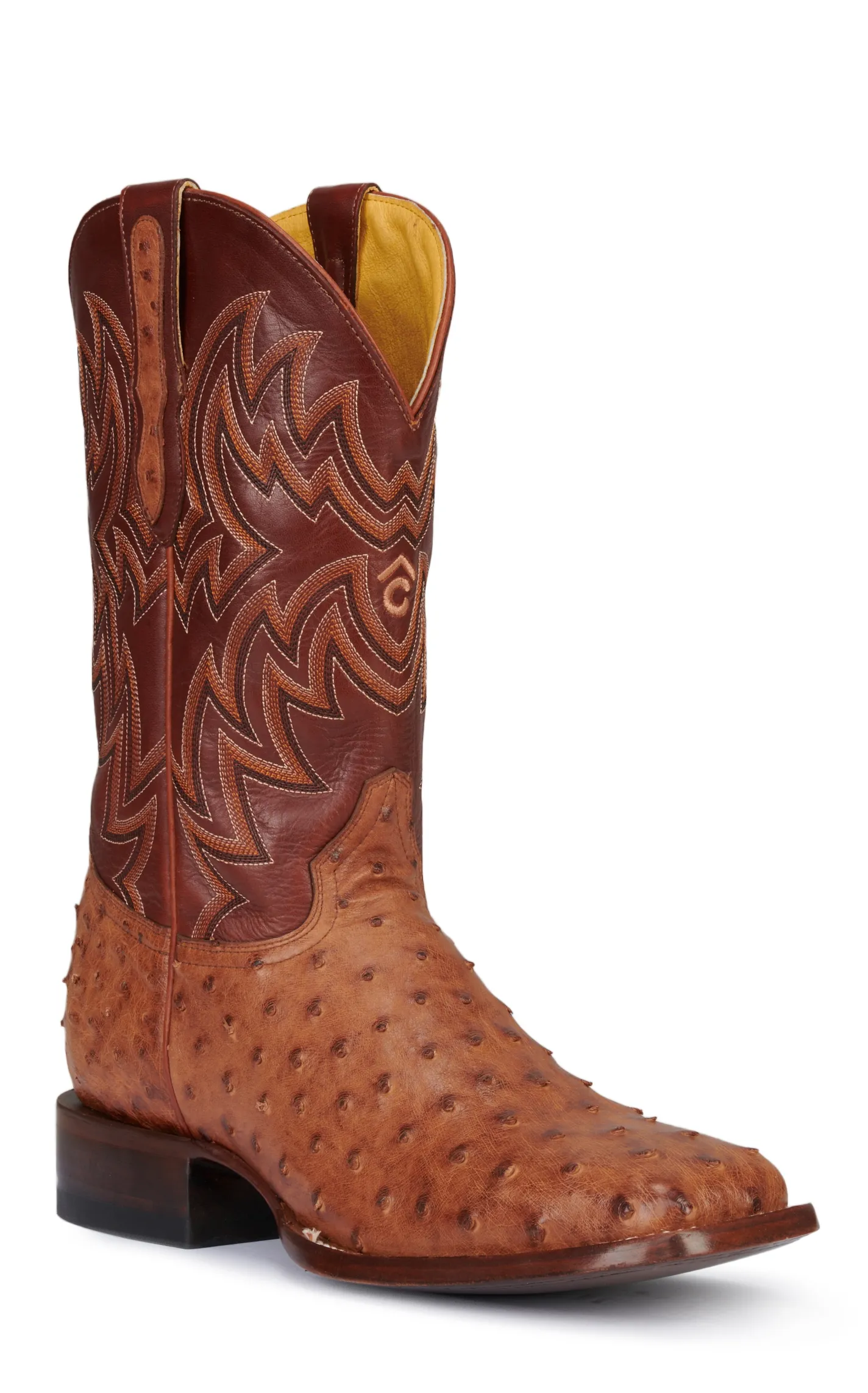 Cavender's Men's Orange and Cognac Full Quill Ostrich Rafter C Wide Square Toe Exotic Cowboy Boots