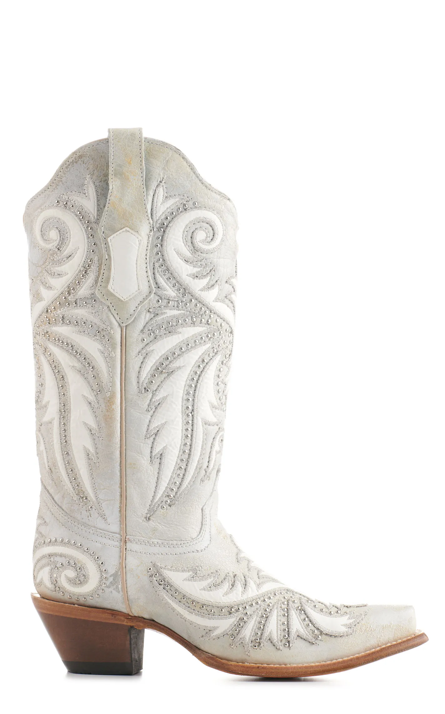 Corral Women's Distressed White with White Overlay and Studs Snip Toe Cowboy Boots