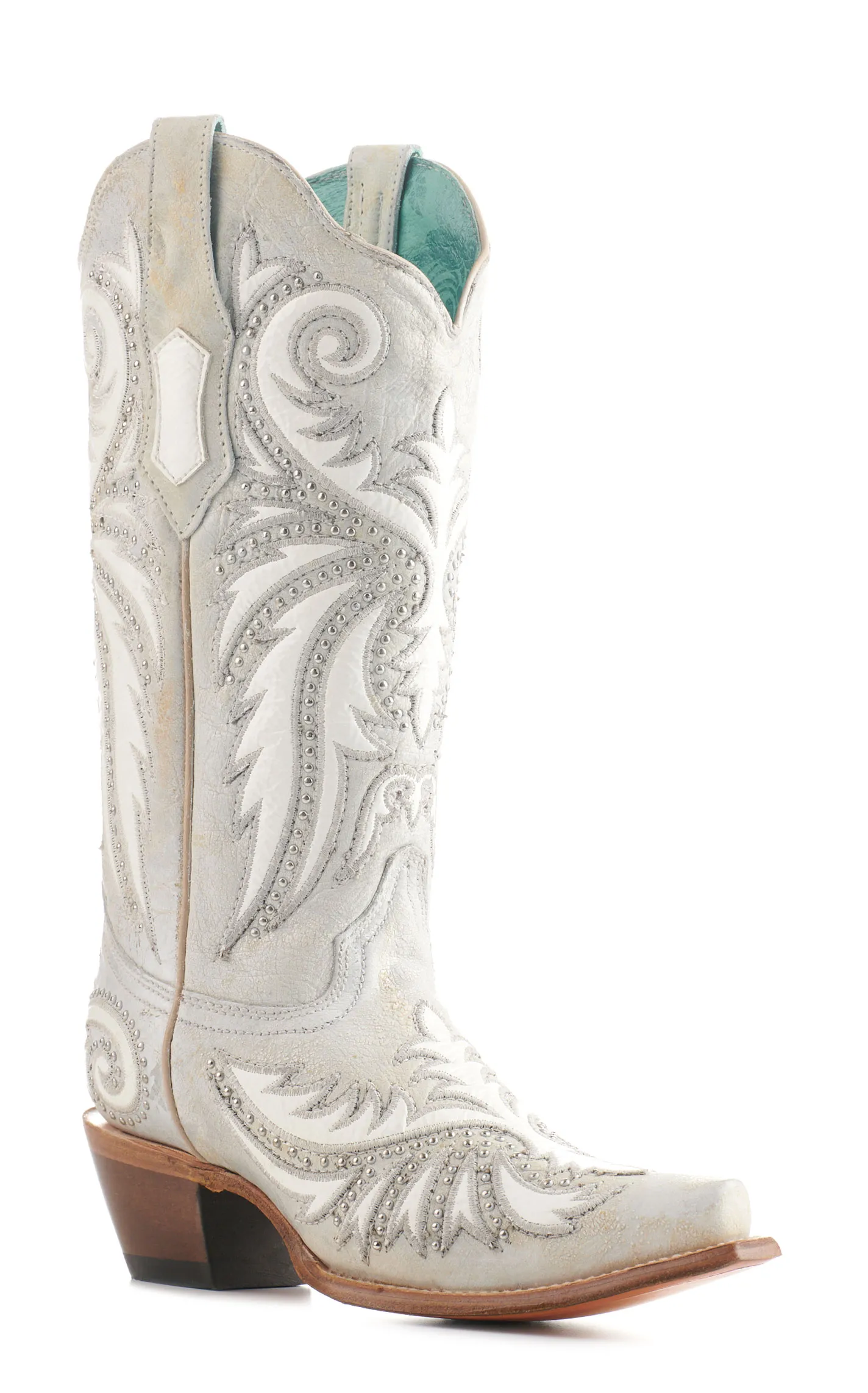 Corral Women's Distressed White with White Overlay and Studs Snip Toe Cowboy Boots