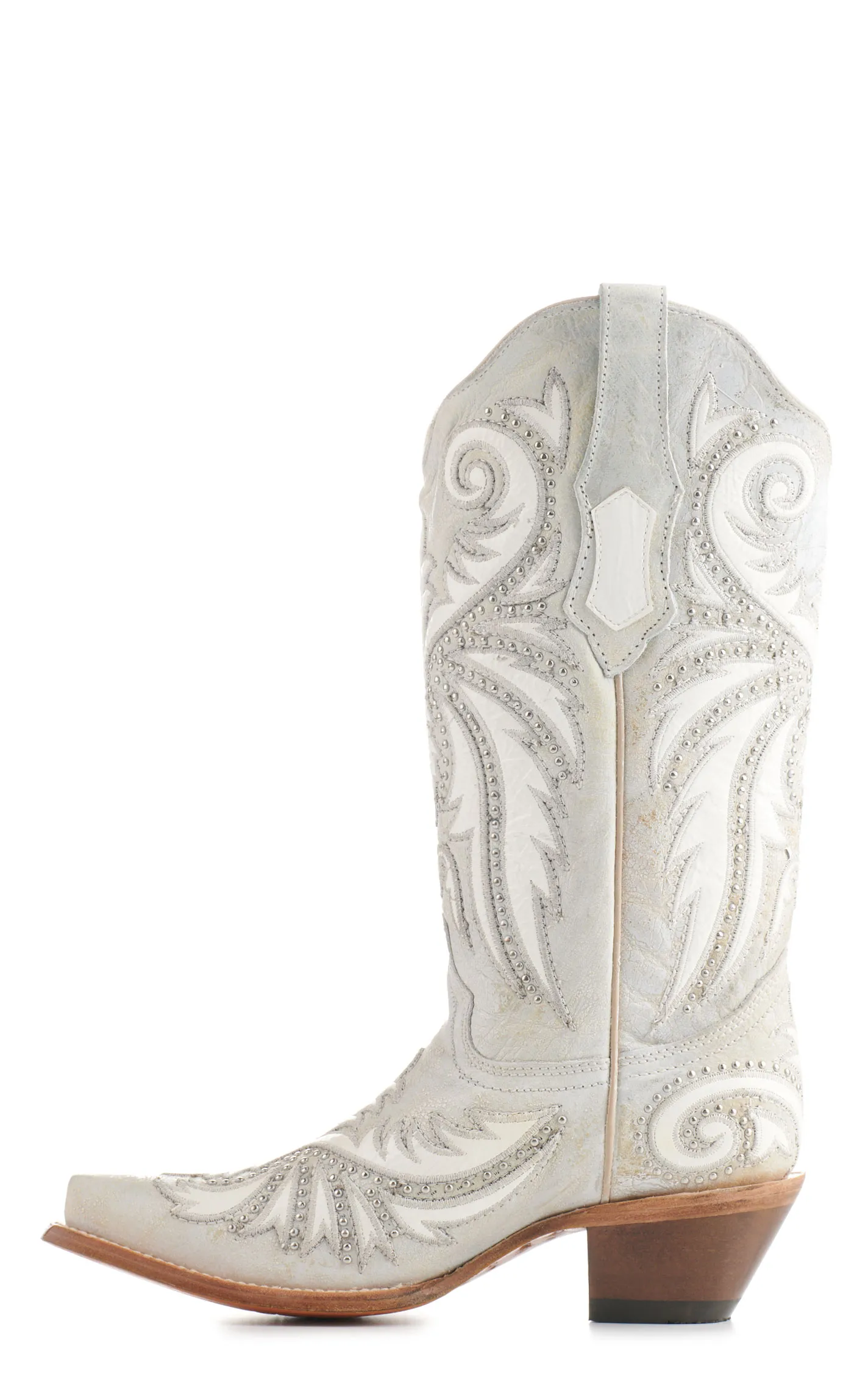 Corral Women's Distressed White with White Overlay and Studs Snip Toe Cowboy Boots