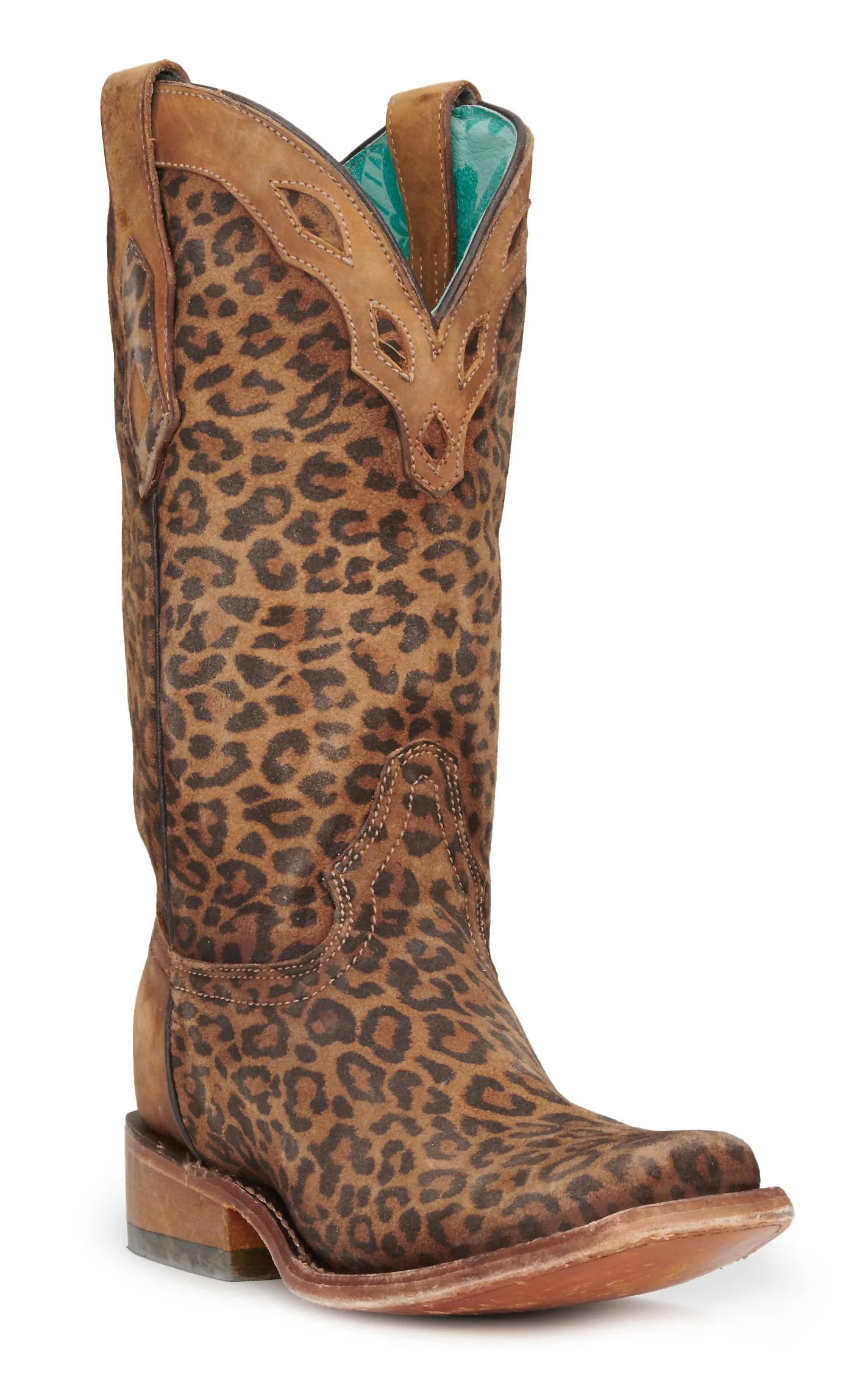 Corral Women's Sand Leopard Print with Overlay Collar Square Toe Cowboy Boots