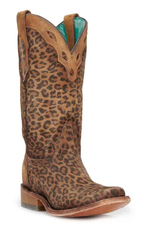 Corral Women's Sand Leopard Print with Overlay Collar Square Toe Cowboy Boots