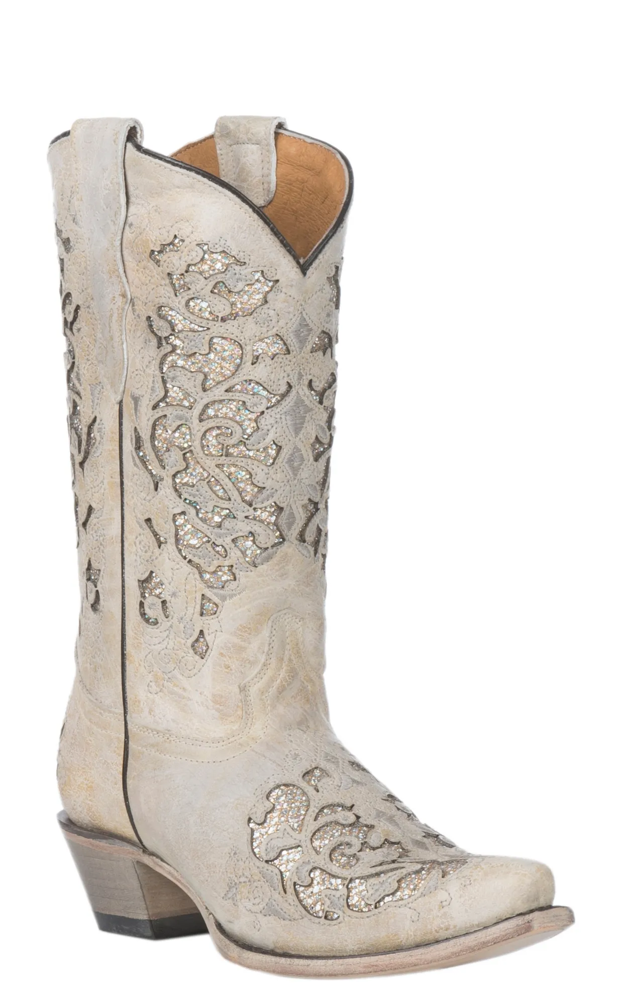 Corral Youth Bone with Glitter Inlay and Embroidery Snip Toe Cowboy Boot