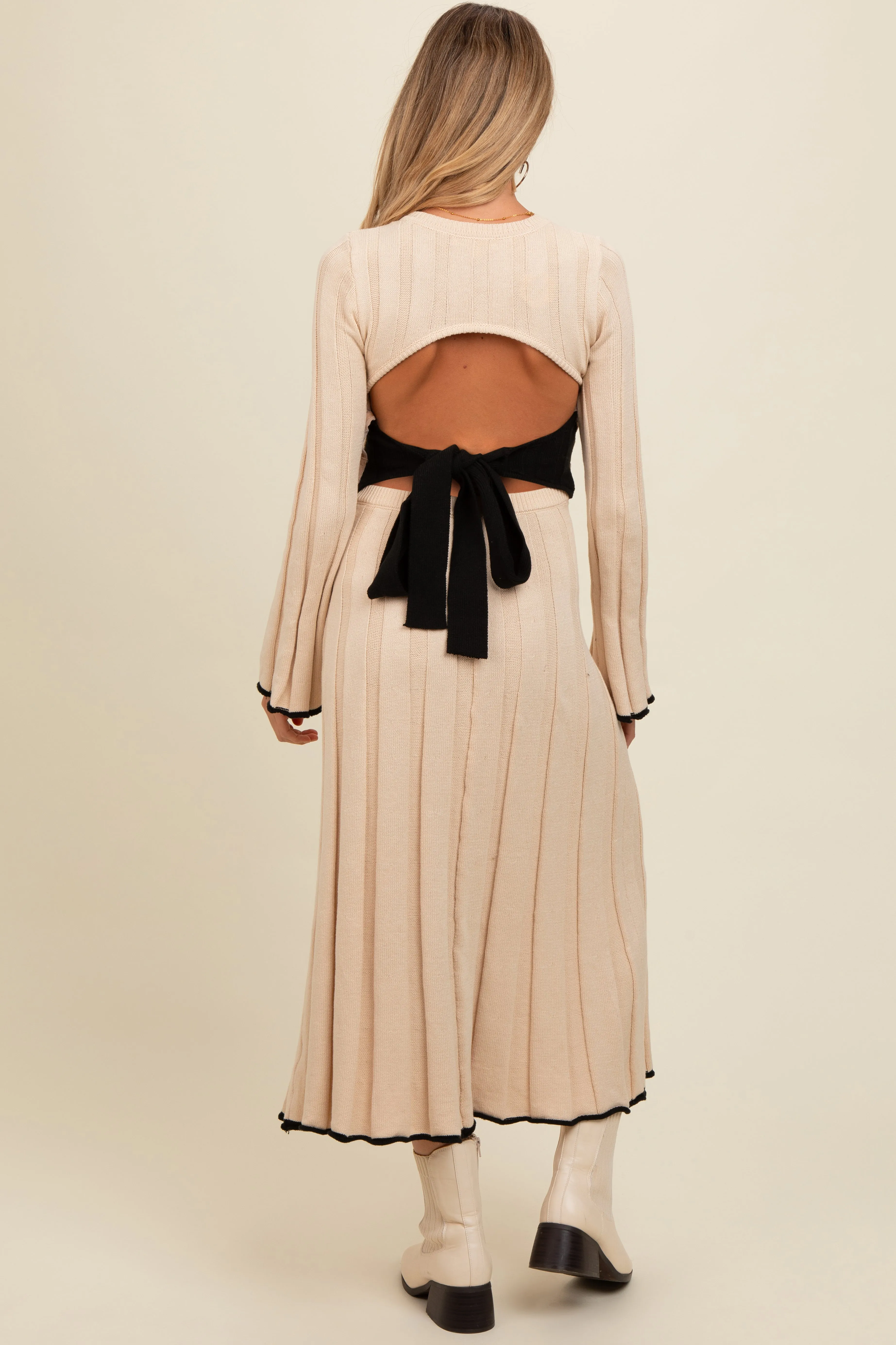 Cream Sweater Knit Bell Sleeve Back Cutout Maternity Maxi Dress