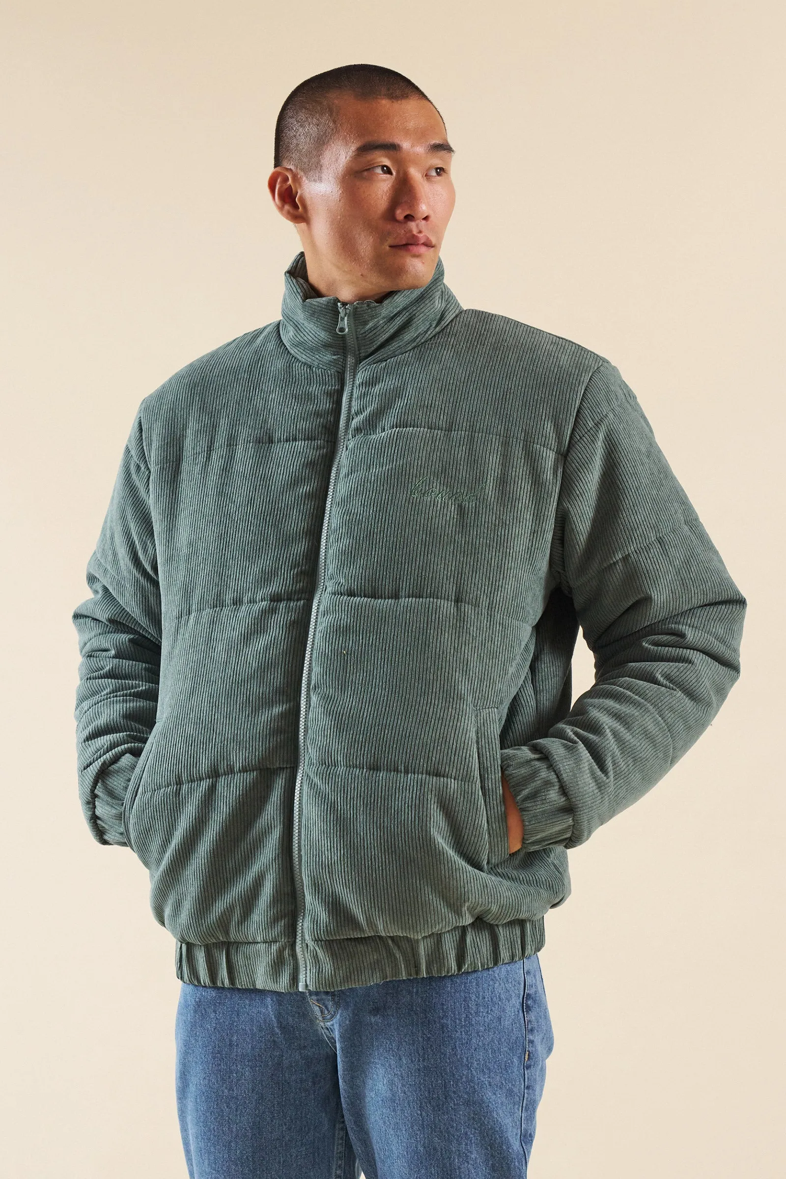 DARK SAGE CORD PUFFER COAT