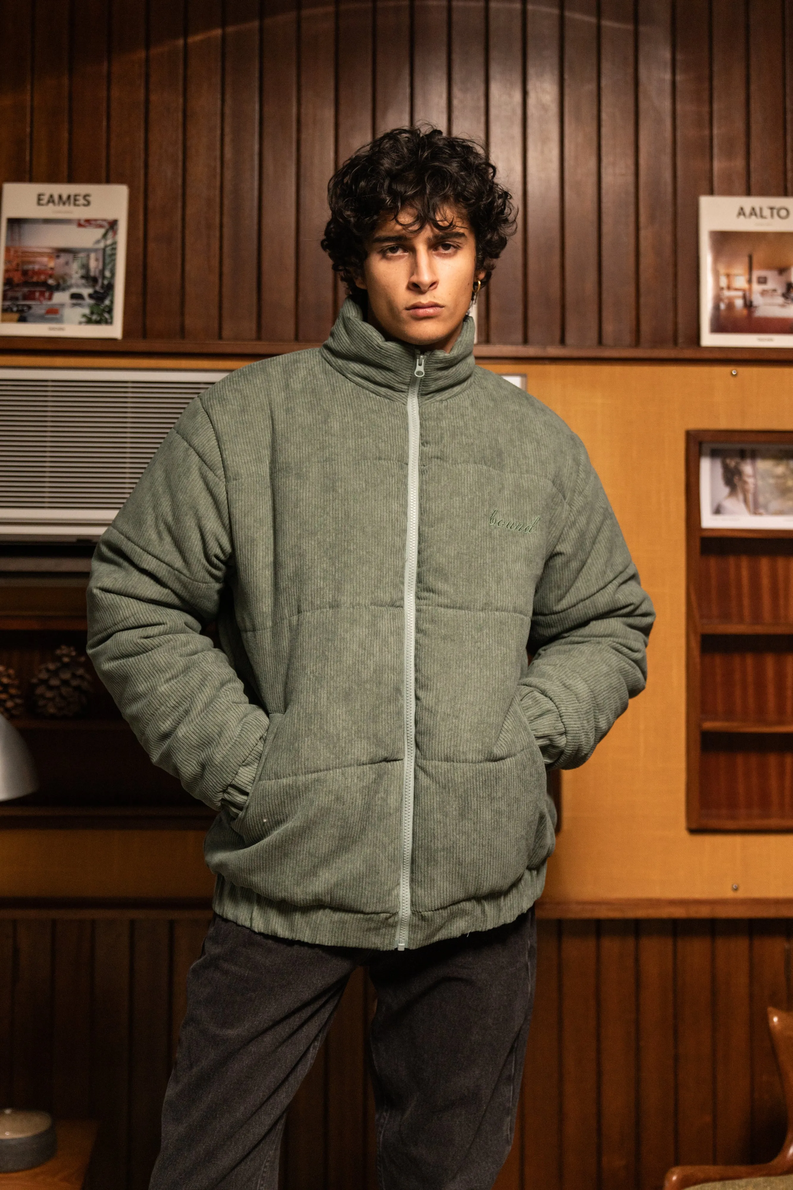 DARK SAGE CORD PUFFER COAT