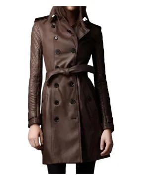 Double Breasted Women's Mid Length Coat with Quilted Sleeves - UJackets