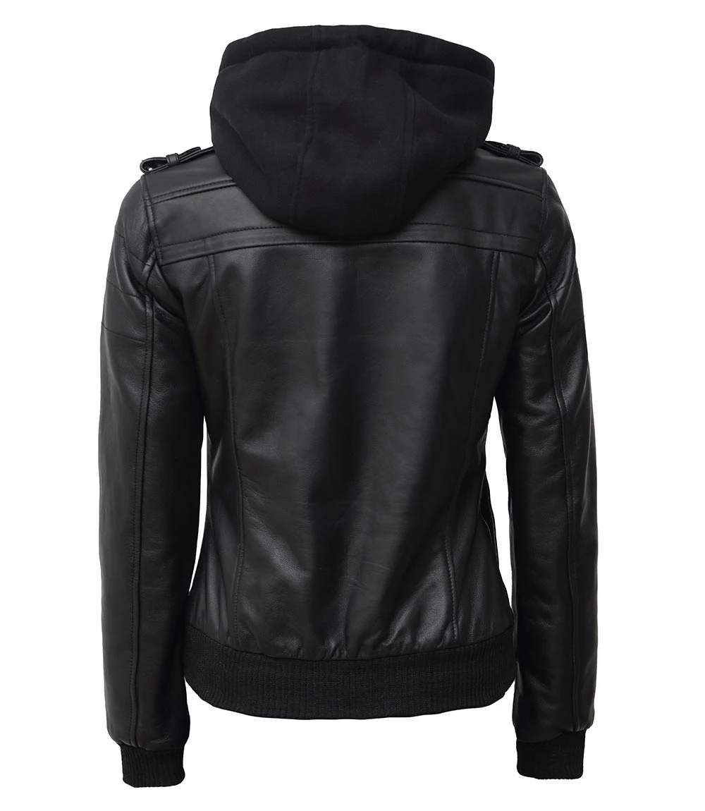 Edinburgh Petite Women's Bomber Black Leather Jacket with Removable Hood