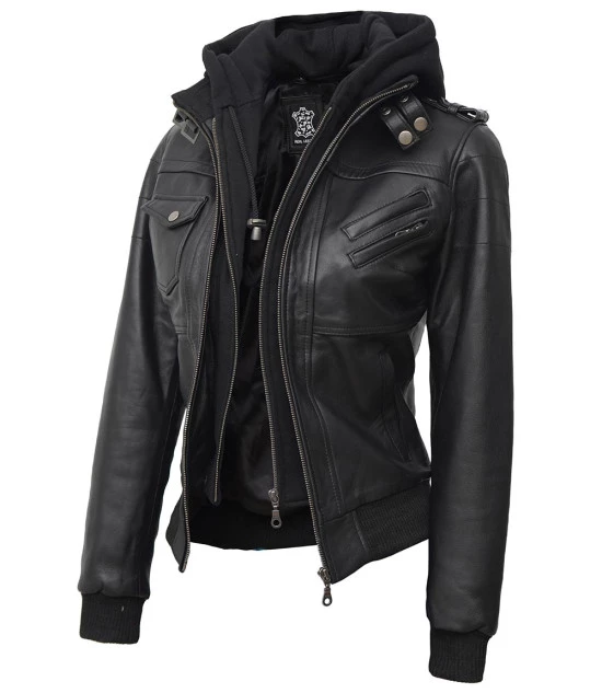 Edinburgh Petite Women's Bomber Black Leather Jacket with Removable Hood