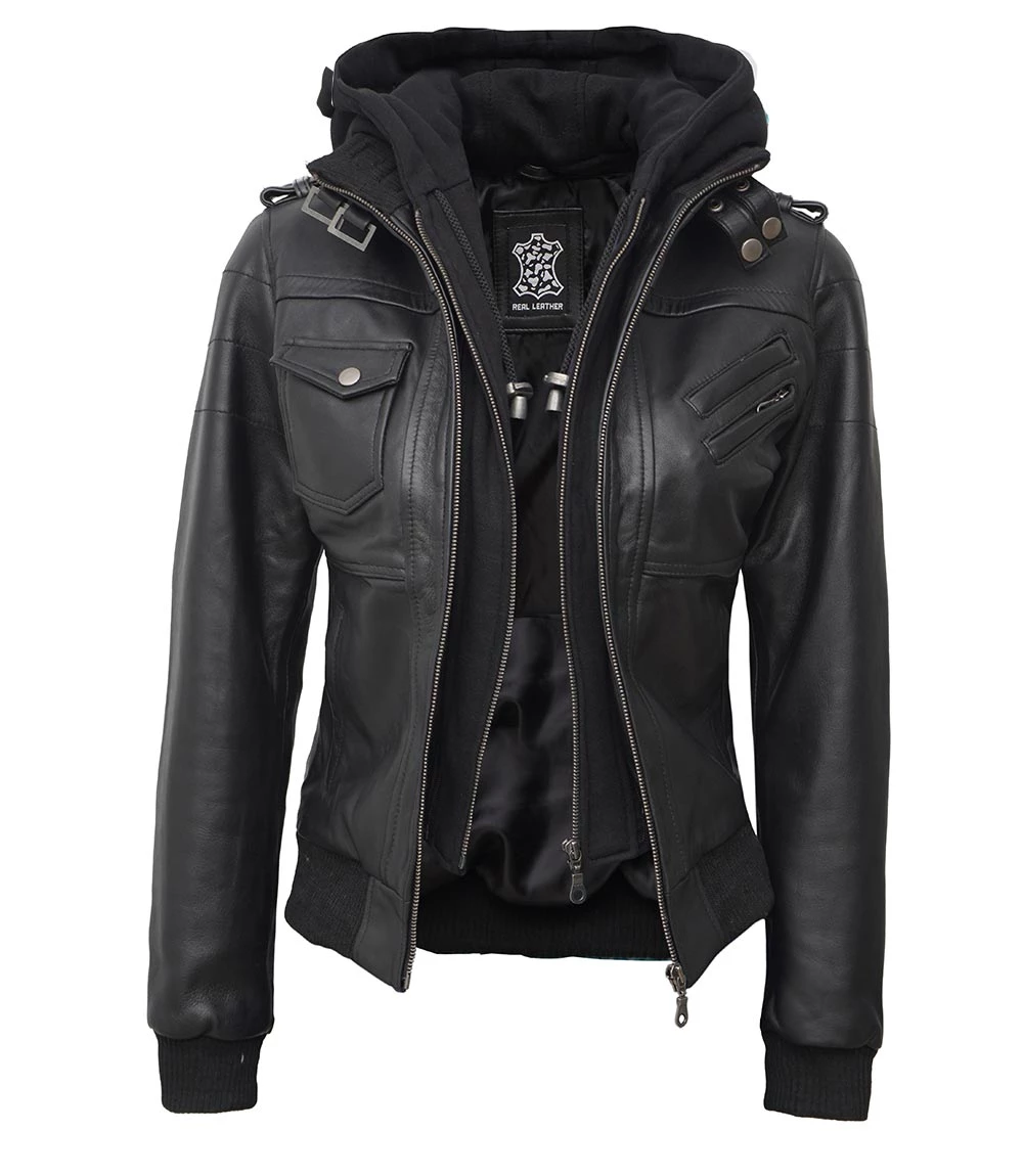 Edinburgh Petite Women's Bomber Black Leather Jacket with Removable Hood