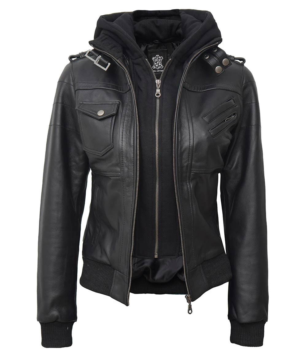 Edinburgh Petite Women's Bomber Black Leather Jacket with Removable Hood