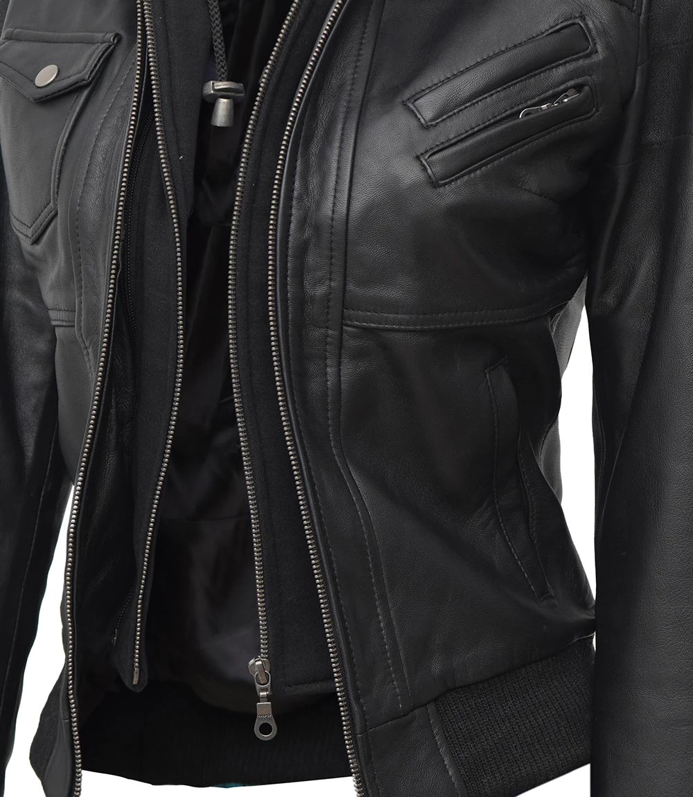 Edinburgh Petite Women's Bomber Black Leather Jacket with Removable Hood