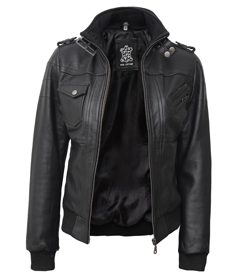 Edinburgh Petite Women's Bomber Black Leather Jacket with Removable Hood