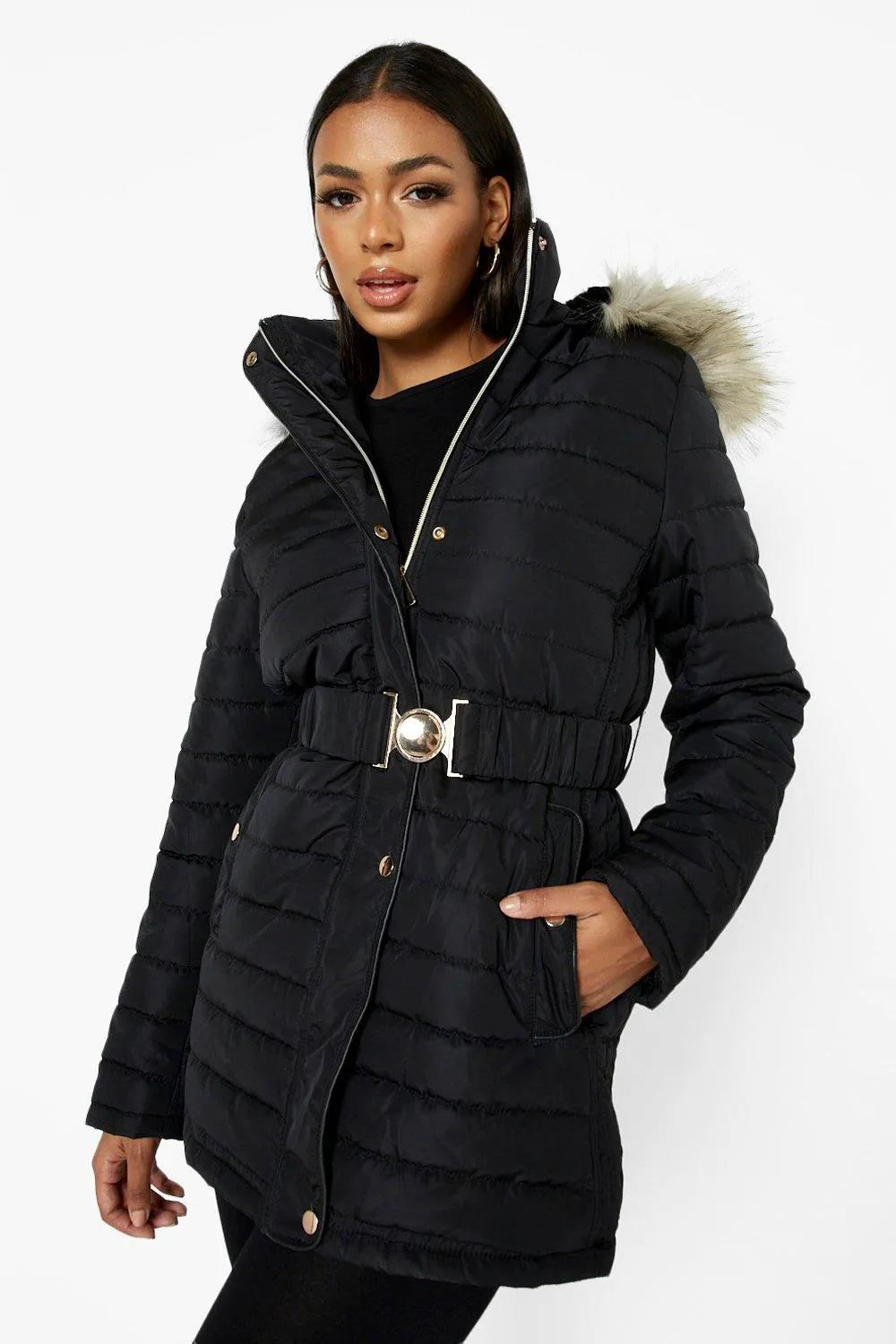 Faux Fur Trim Hooded Belted Puffer Coat