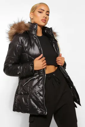 Faux Fur Trim Hooded Quilted Puffer Coat