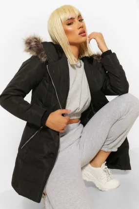 Faux Fur Trim Hooded Zip Detail Puffer Coat