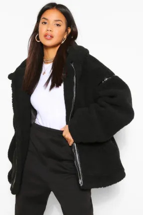 Faux Leather Trim Belted Teddy Faux Fur Coat