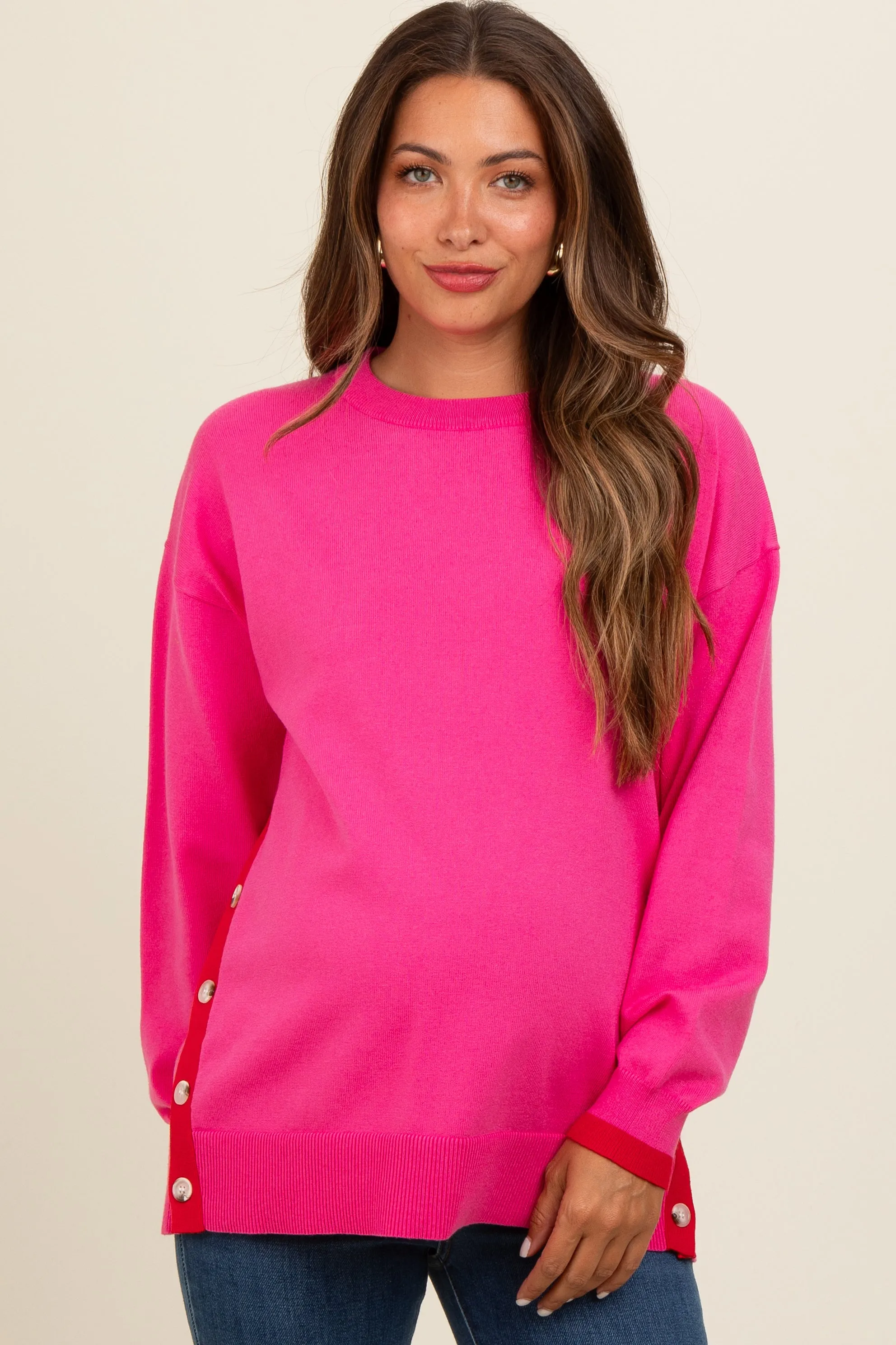 Fuchsia Button Up Side Detail Maternity Sweater