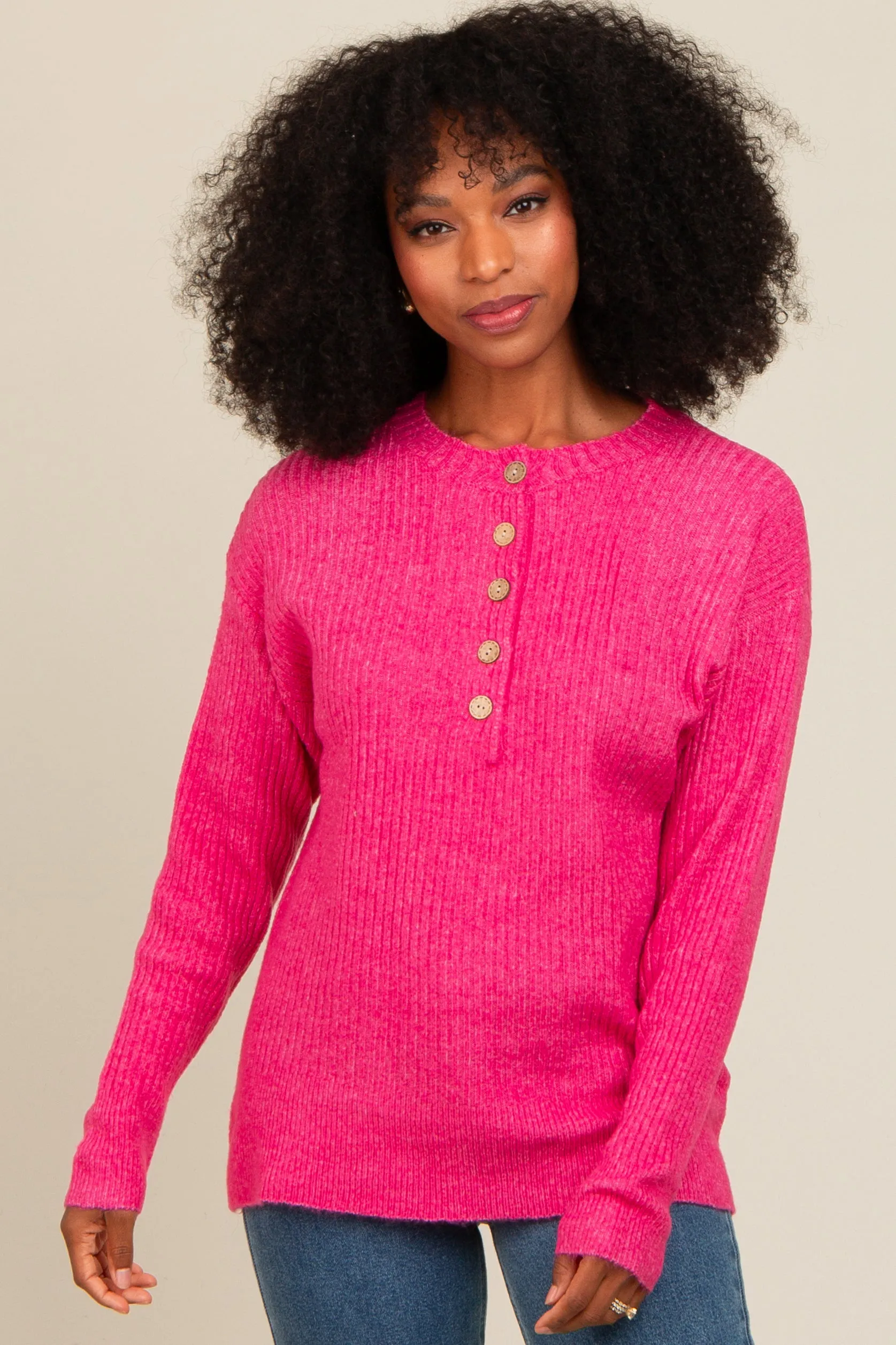 Fuchsia Buttoned Up Sweater Knit Maternity Top