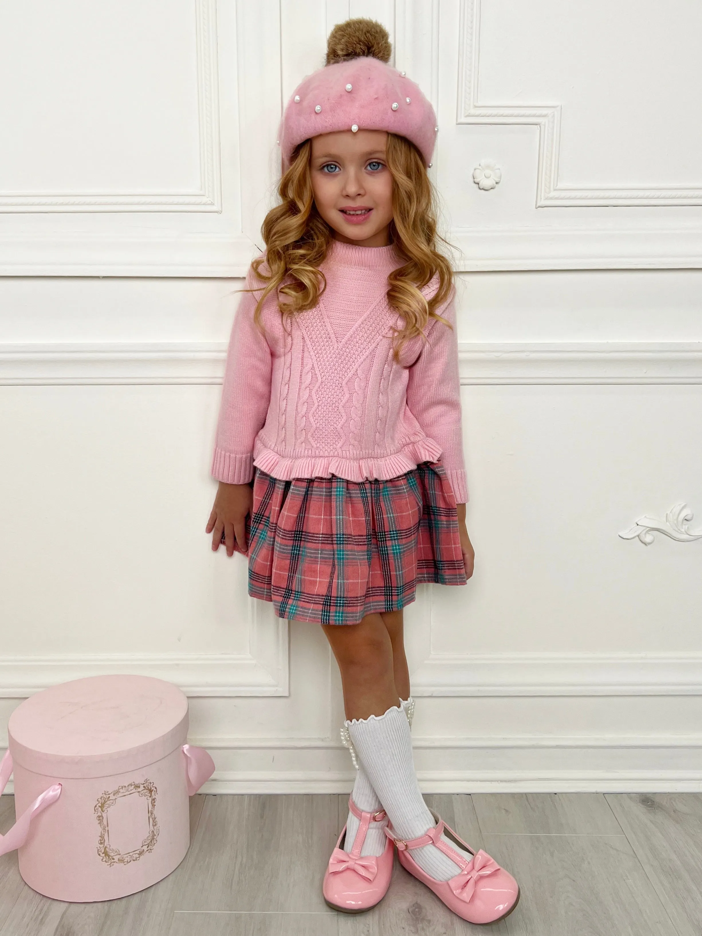 Girls Knit Sweater Dress with Plaid Skirt