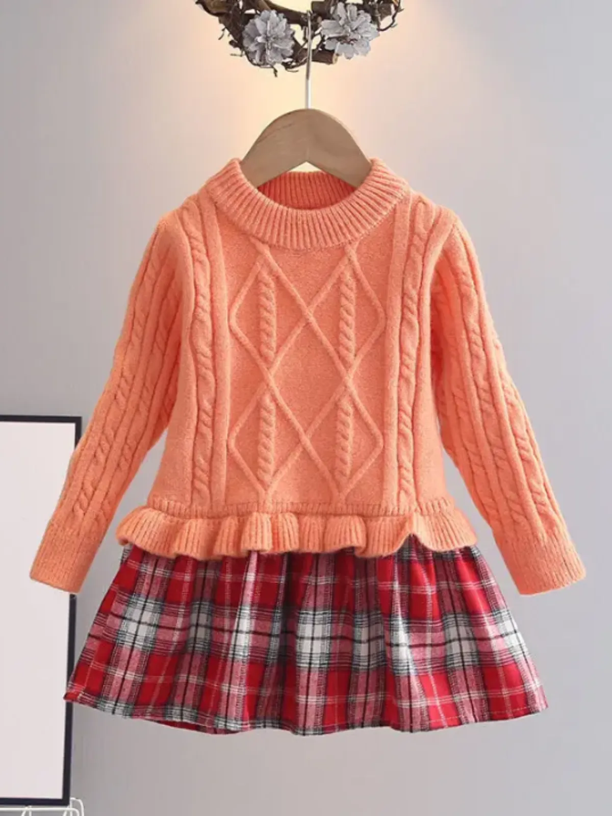 Girls Knit Sweater Dress with Plaid Skirt