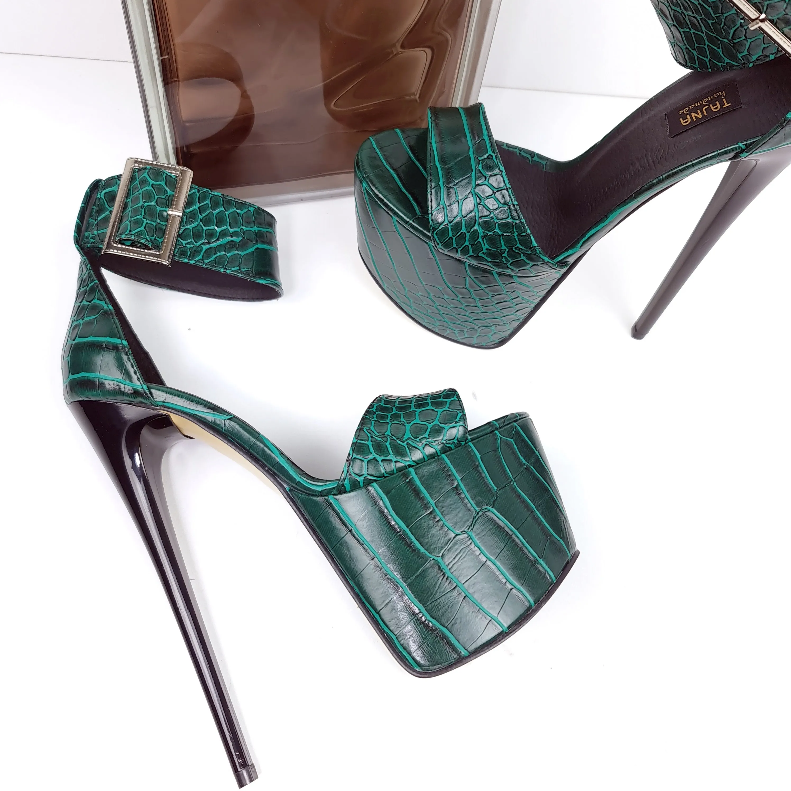 Green Croco Belted Ankle Strap High Heel Sandals