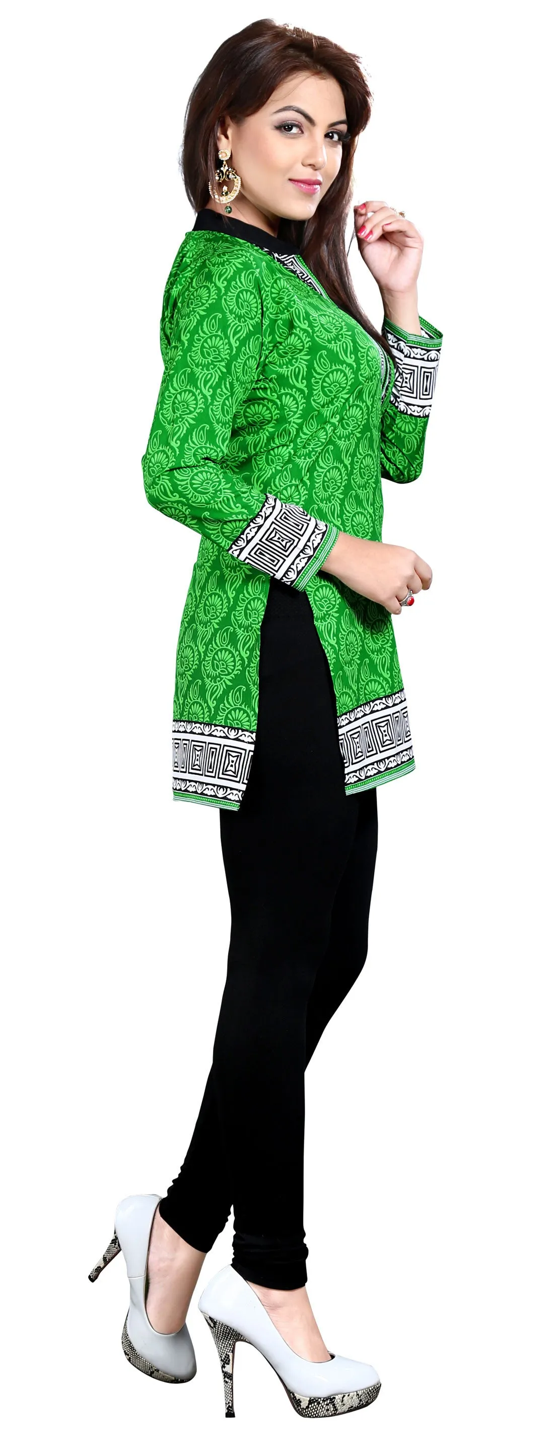 India Tunic Top Kurti Womens Printed Blouse Indian Apparel (Green)