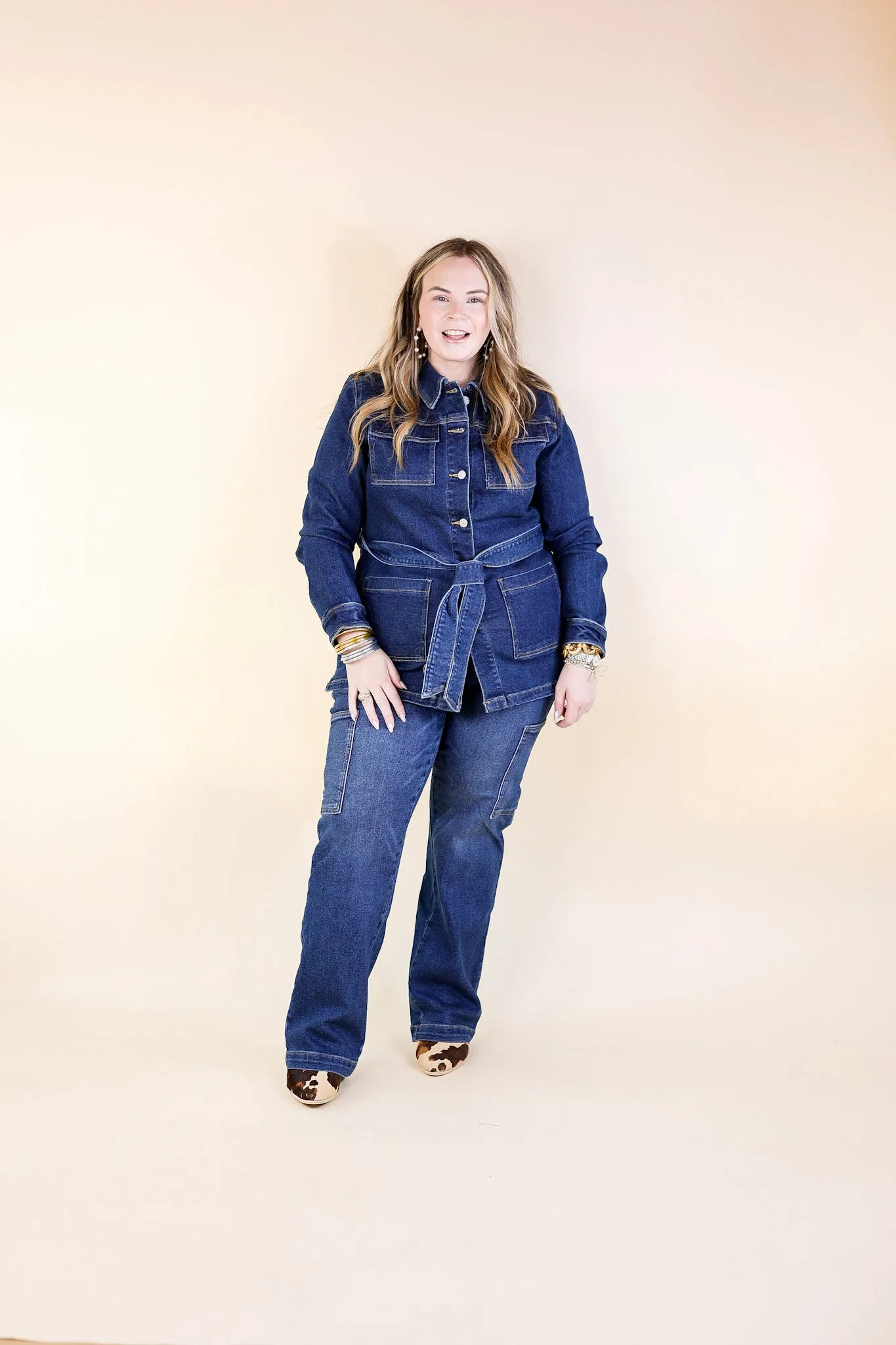 Judy Blue | Tied Together Mid Length Denim Utility Jacket in Dark Wash