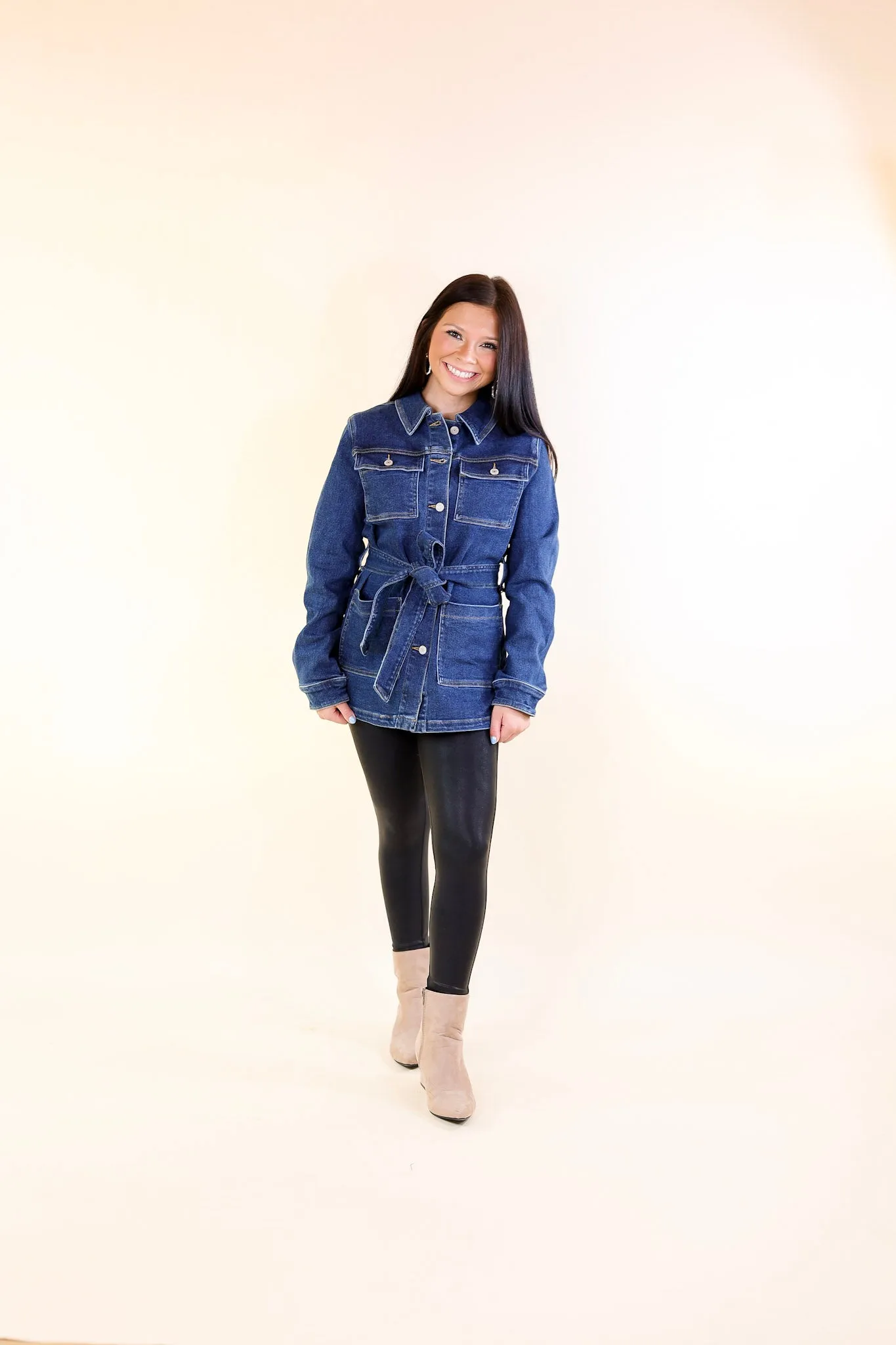 Judy Blue | Tied Together Mid Length Denim Utility Jacket in Dark Wash