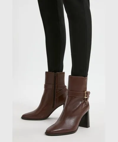 Karen Millen Leather Block Heel Buckle Ankle Boot