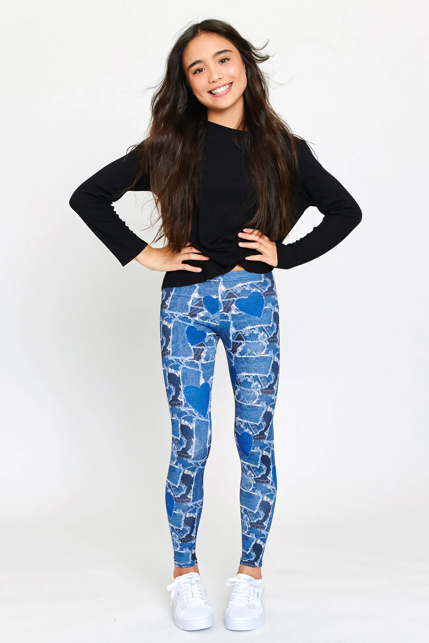 Kids Leggings in Denim Heart Patchwork