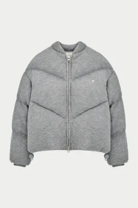 KNITTED CHEVRON PANELLED PUFFER COAT - GREY MARL