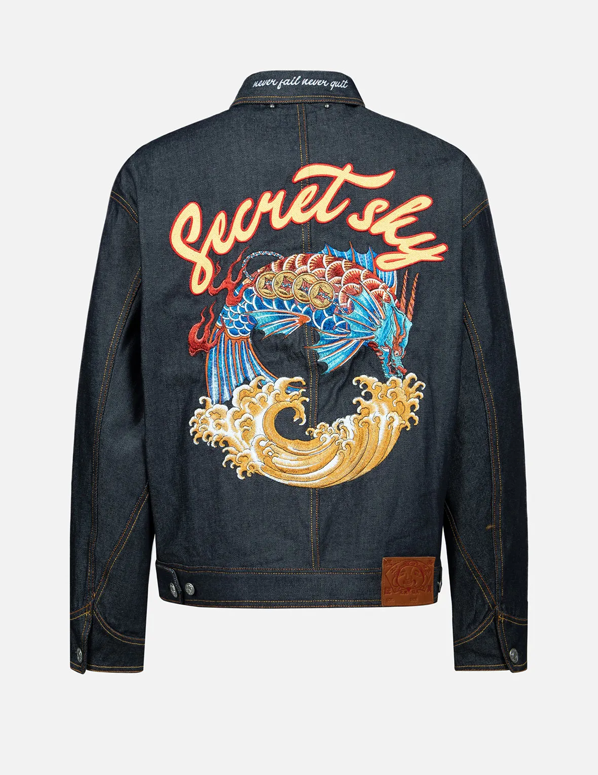 Koi Playing In Waves Embroidery Denim Jacket