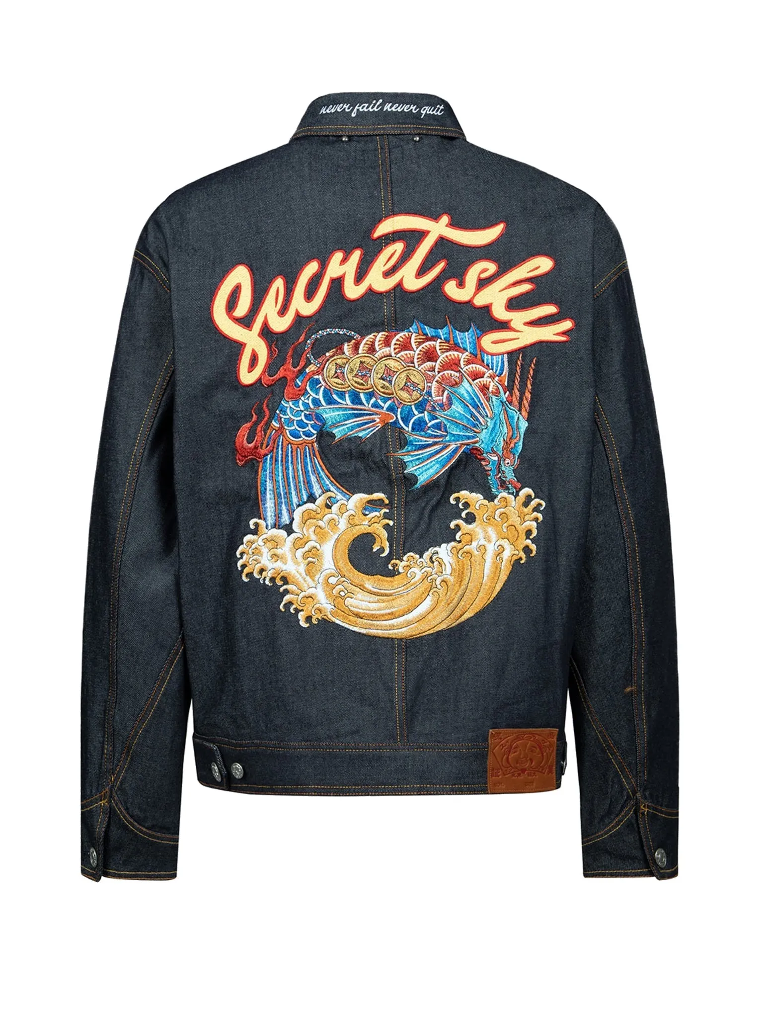 Koi Playing In Waves Embroidery Denim Jacket